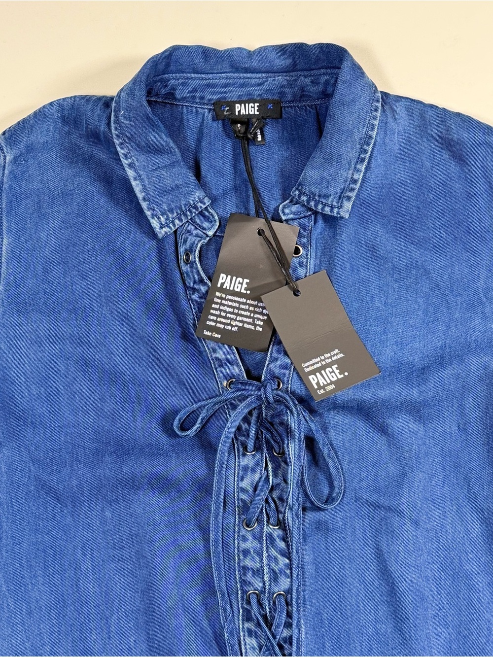 NWT PAIGE Blue Denim Arley Lace Up Long Sleeve Romper Size S - Picture 6 of 11